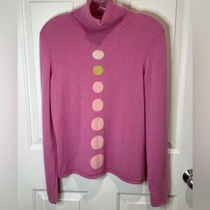 Pink 100% cashmere pullover turtle neck sweater with pink and green dots M